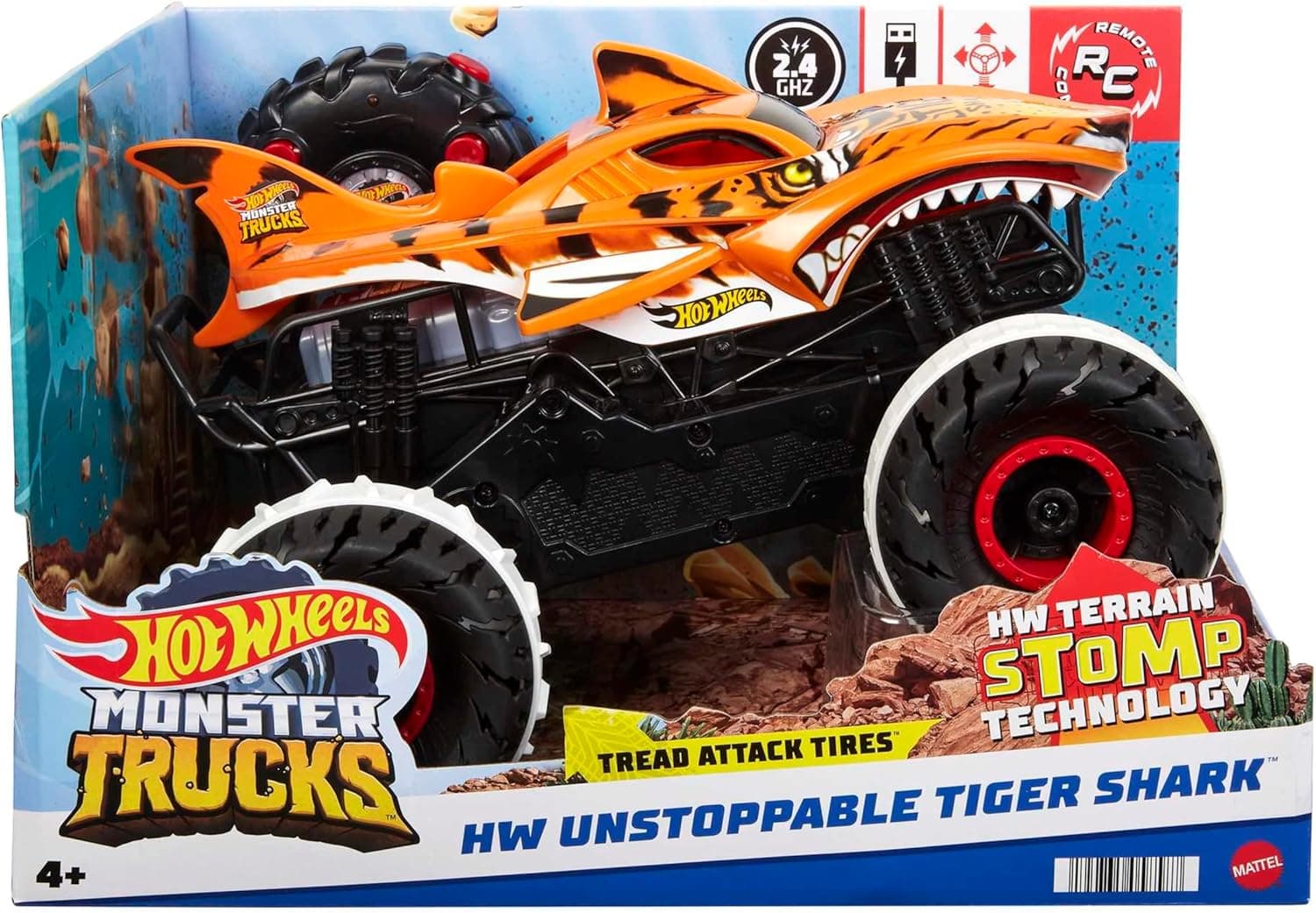 Hot Wheels Monster Trucks Ferngesteuertes Auto Tiger Shark, mit 'Terrain Stomp' Technologie für tierähnliche Bewegungen – Bild 4