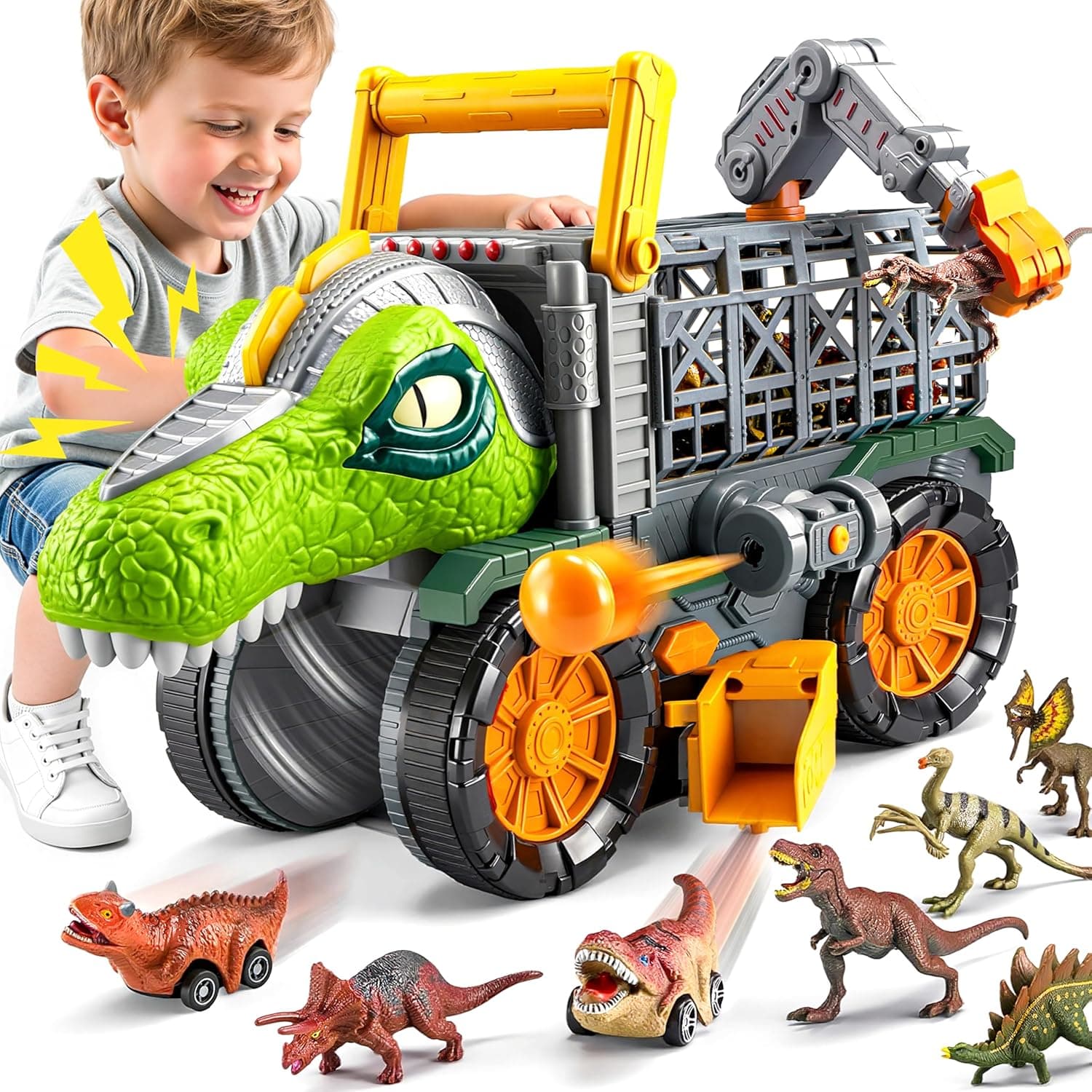 Dinosaurier Spielzeug Großer Dino-Monstertruck mit T-Rex & Figuren | Mit Abschussfunktion, Kran & Tunnel | Geschenk für Jungen 2-4 Jahre 