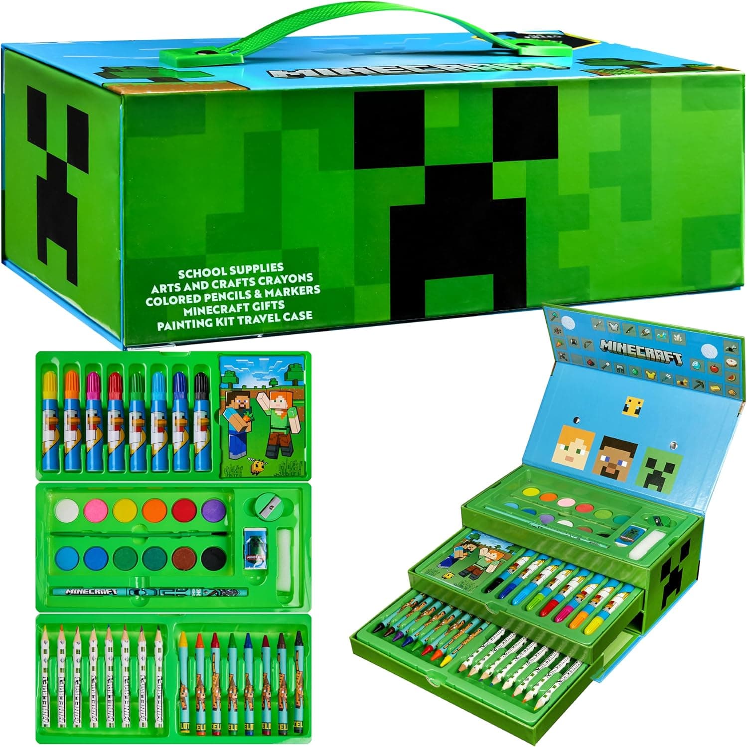Minecraft Malkoffer Buntstifte Kinder Malset Filzstifte Wachsmalstifte Wasserfarben Malbuch Schule Mal Stifte Set Malkasten zum Malen – Bild 1